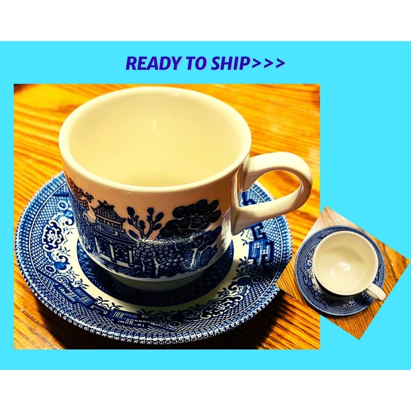 Vintage Blue Willow Ironstone Churchill Staffordshire of England Cup and Saucer - Picture 1 of 9
